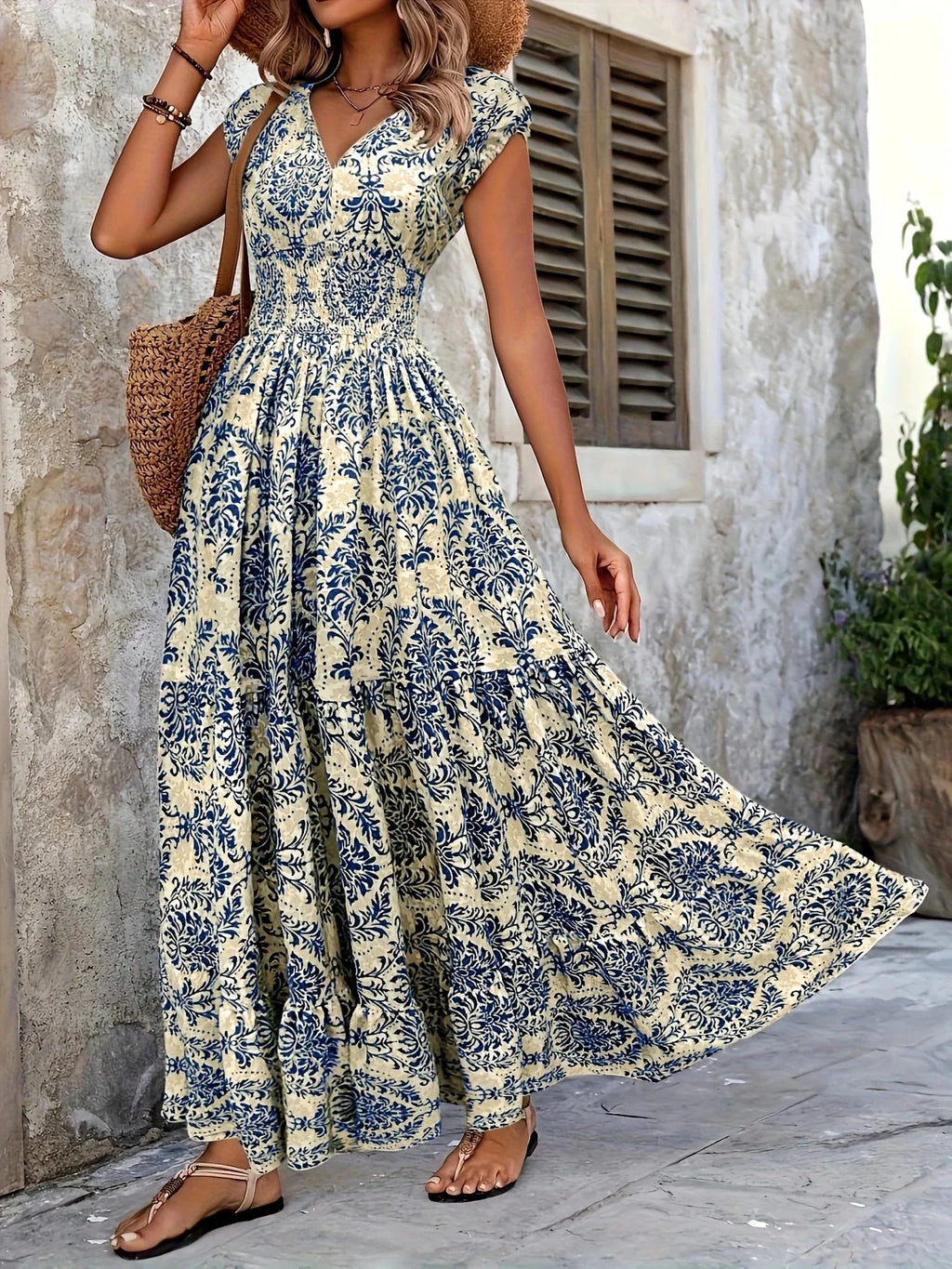 Women's Summer Retro Fashion Floral Printed Sexy V-neck Short Sleeve High Waist Medium Length Bohemian Loose Holidays Dresses