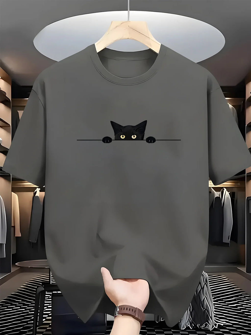 Men's Summer 100% Cotton Fashionable Casual Loose Large Cute Cat Pattern Printed Round Neck Short Sleeve T-shirt Top