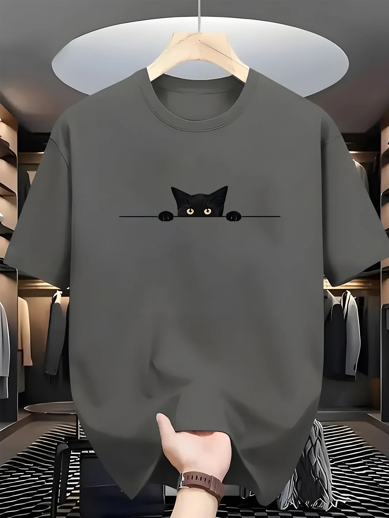 Men's Summer 100% Cotton Fashionable Casual Loose Large Cute Cat Pattern Printed Round Neck Short Sleeve T-shirt Top