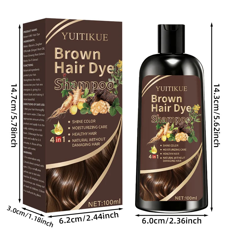 YUITIKUE Brown Hair Dye Shampoo 100ml - 4-in-1 Plant Formula, Covers Gray Hair with Natural Color, Easy & No Damage
