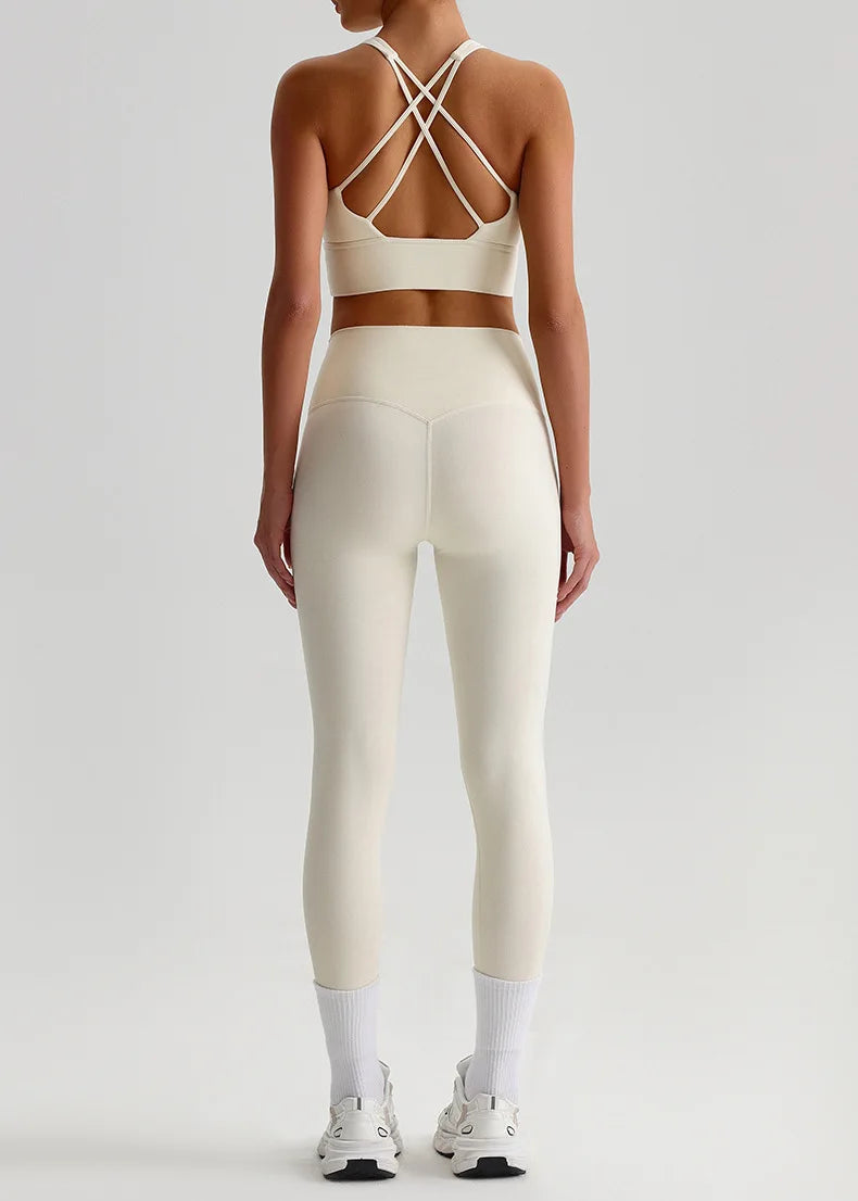 Naked Feel Yoga Set Women Fitness Sportswear 2 Piece Strappy Sports Bra High Waist Gym Leggings Workout Outfit Active Wear