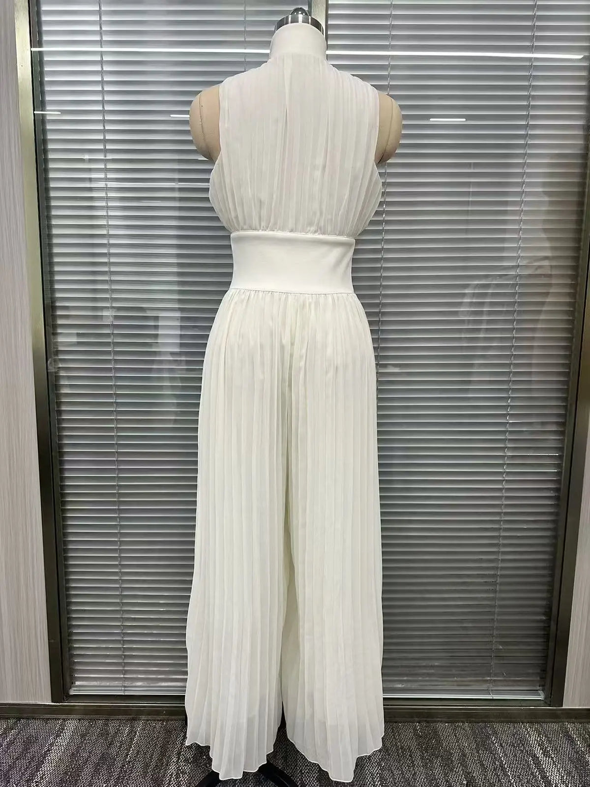 Spring Summer Women White Ruched Halter Jumpsuit Playsuit Wide Leg Romper