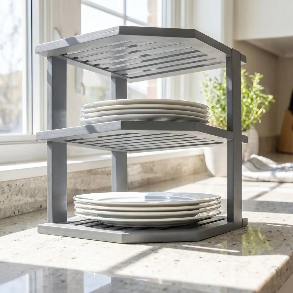 3 Tier Cabinet Organizer Shelf for Kitchen Storage Sturdy Plate Organizer Bamboo Corner Shelf Dish Rack for Cabinet Countertop