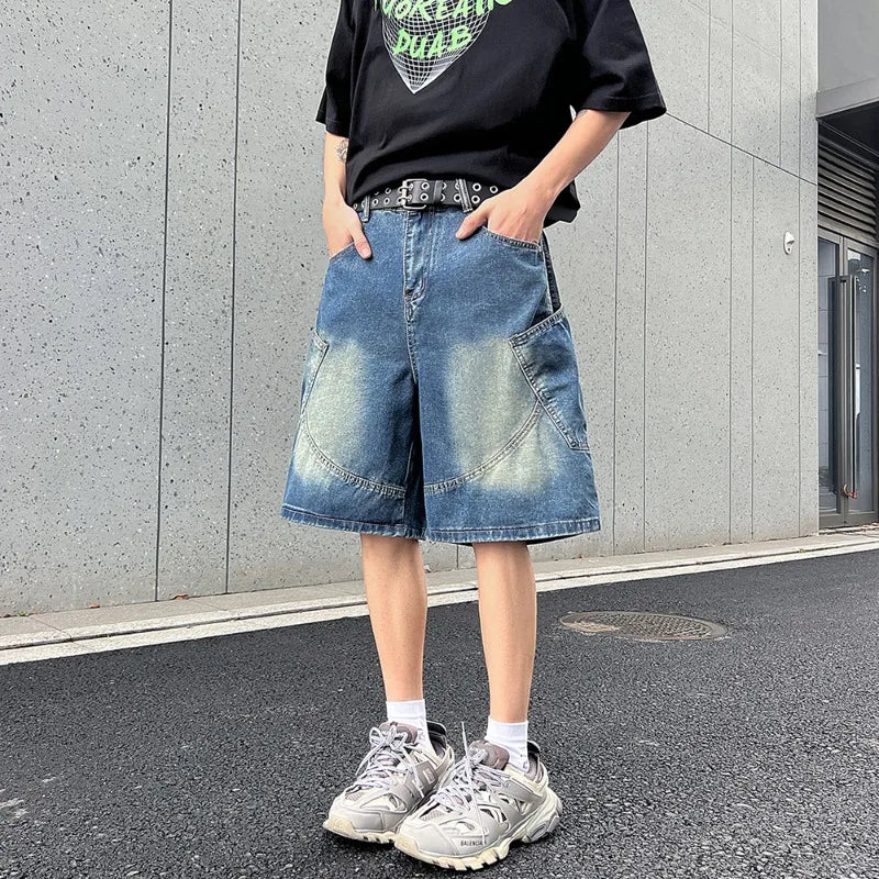2026 Summer New Baggy Denim Shorts Fashion Casual Straight Harajuku Jeans Male Vintage Wash Drawstring Short Pants Streetwear