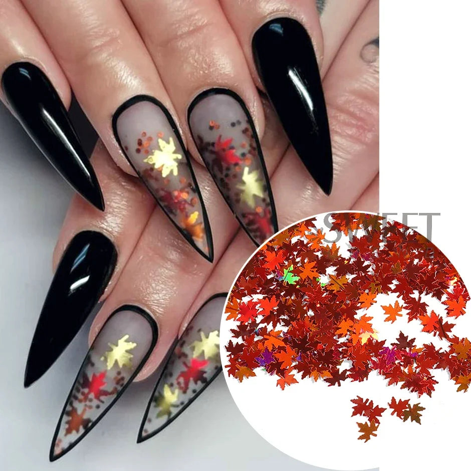 12 Grids Mirror Gold Maple Leaves Nail Art Sequins Autumn Leaf Design DIY Charm Jewelry Fall Theme Glitter Flakes Manicure Decor