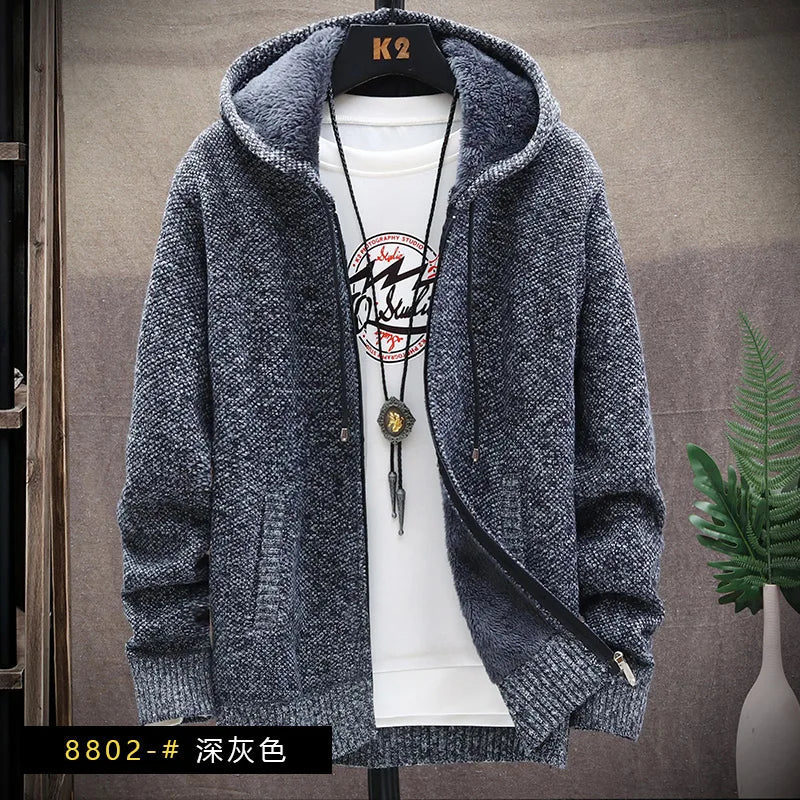 Men's Knitted Sweater Cardigan Thickened Fleece Hooded Casual Style Warm Outerwear Autumn Winter New Arrival Korean Version