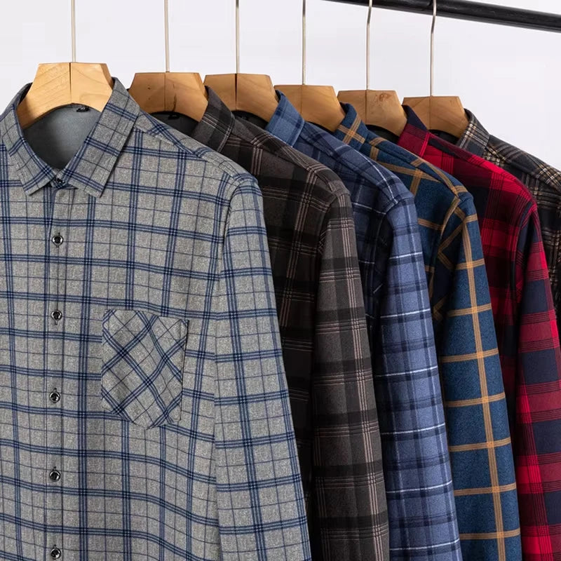 New In Tops Men's Thicken Flannel Fur Lined Shirts Autumn Winter Plus Sized Warm Long Sleeved Plaid Business Casual Slim Clothes