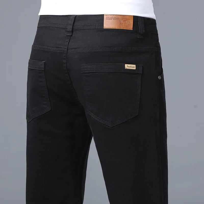 Classic Straight Men's Jeans Spring New Fashion Business Work Casual Trousers Comfort Elastic Solid Color Denim Pants