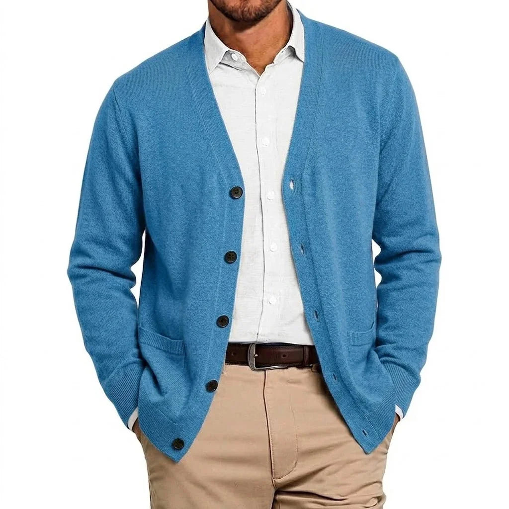 Mens VNeck Open Cardigan Jumper Button Front Knit Apparel Long Sleeve Knit Sweat Tops with Pockets Outer Garment for Males