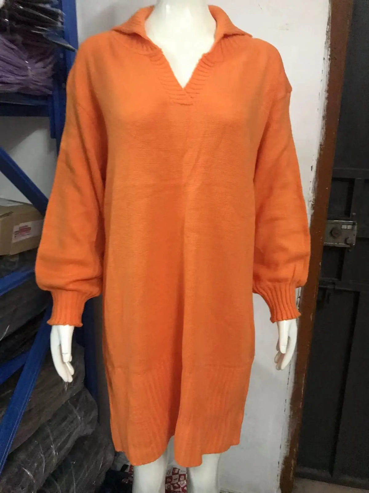 Women's Sweater Mid Length Dresses Fashion Lapel Lantern Sleeve Knit Solid Color Elegant Female Fall Winter Sweater Dress 2024