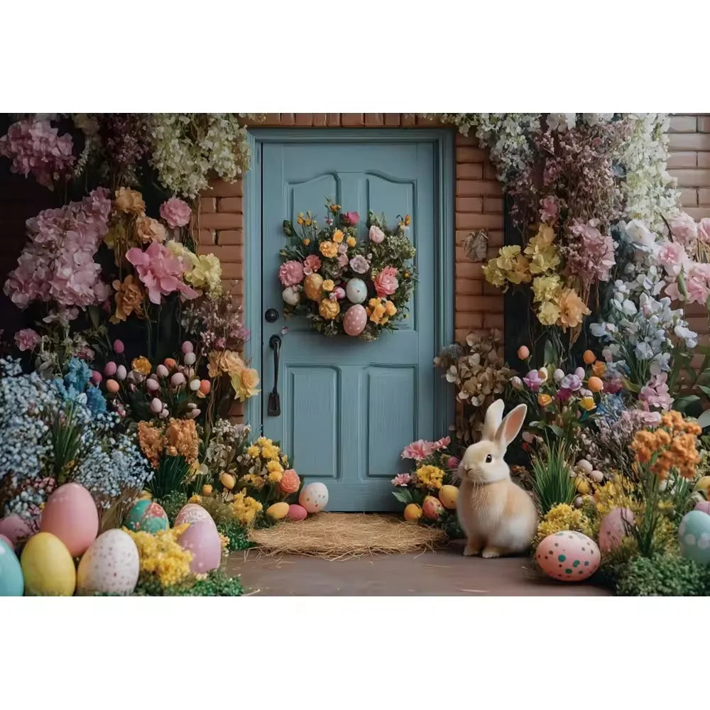 Happy Easter Day Photography Background Blue Wood Board Easter Egg Spring Flower Rabbit Kid Birthday Portrait Photocall Backdrop