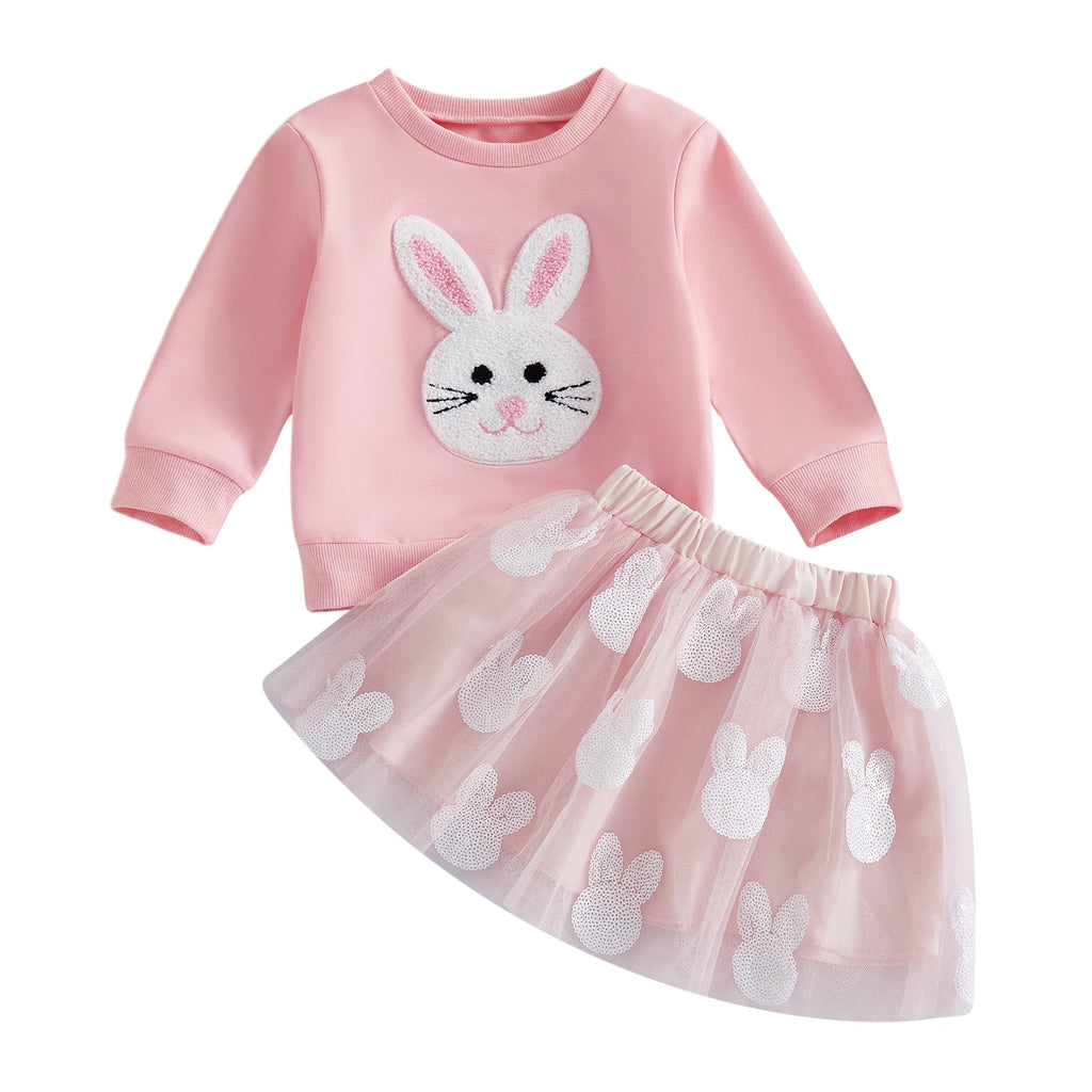 Citgeett Spring Easter Kids Toddler Girls Outfits Long Sleeve Bunny Embroidery Sweatshirt Tulle Skirt Set Clothes