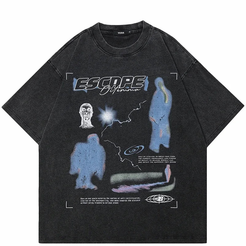 Men's T-Shirt Washed Black Vintage Streetwear Oversized Print Korean Fashion Cotton Graphic Escape Unisex Tops Tees Y2K Clothing