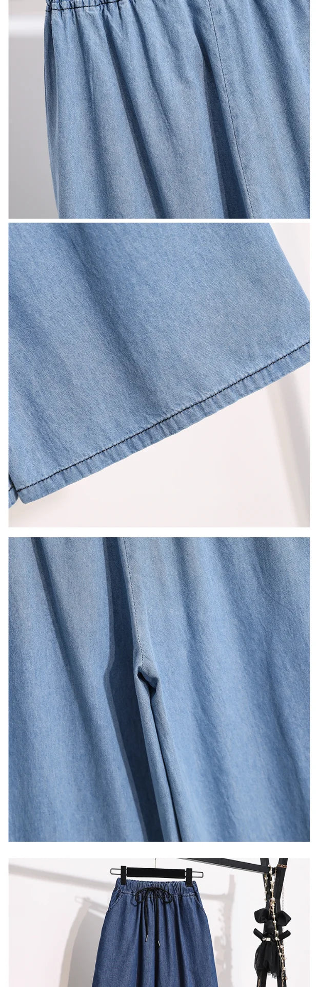 Loose Waist Dstring Denim Wide Leg Pants Women's plus Size Slimming Casual Straight Workwear Seven-Foot Pants Summer