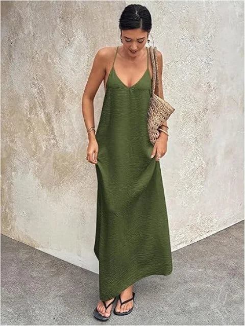 Elegant Simple Backless Sexy Hollow Sleeve Long Dress Women's Straight Tube Skirt Travel Sleeveless Strap Dress Casual High W...