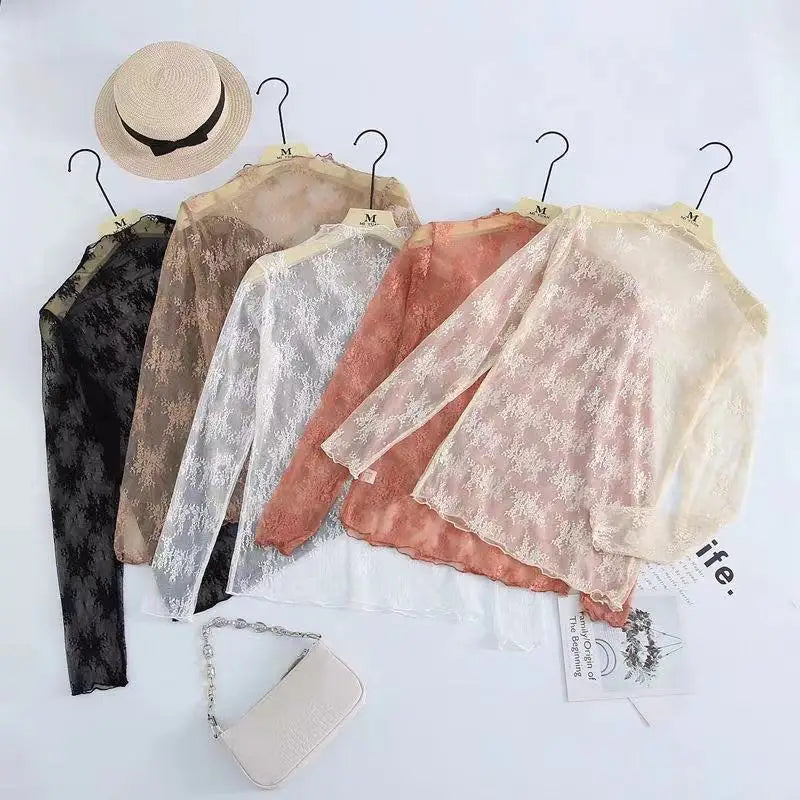 Women Half High Collar Mesh Bottomed Blouse T-shirt Lace Ear Edge Spring and Autumn Western-style Hollow Long Sleeve Lace Top