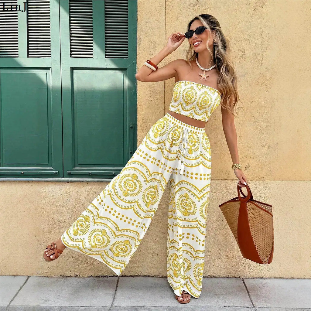Bohemian Print Crop Top And Wide Leg Pants Two Piece Set for Women Summer Fashion Outfit Spicy Girl Casual Wear