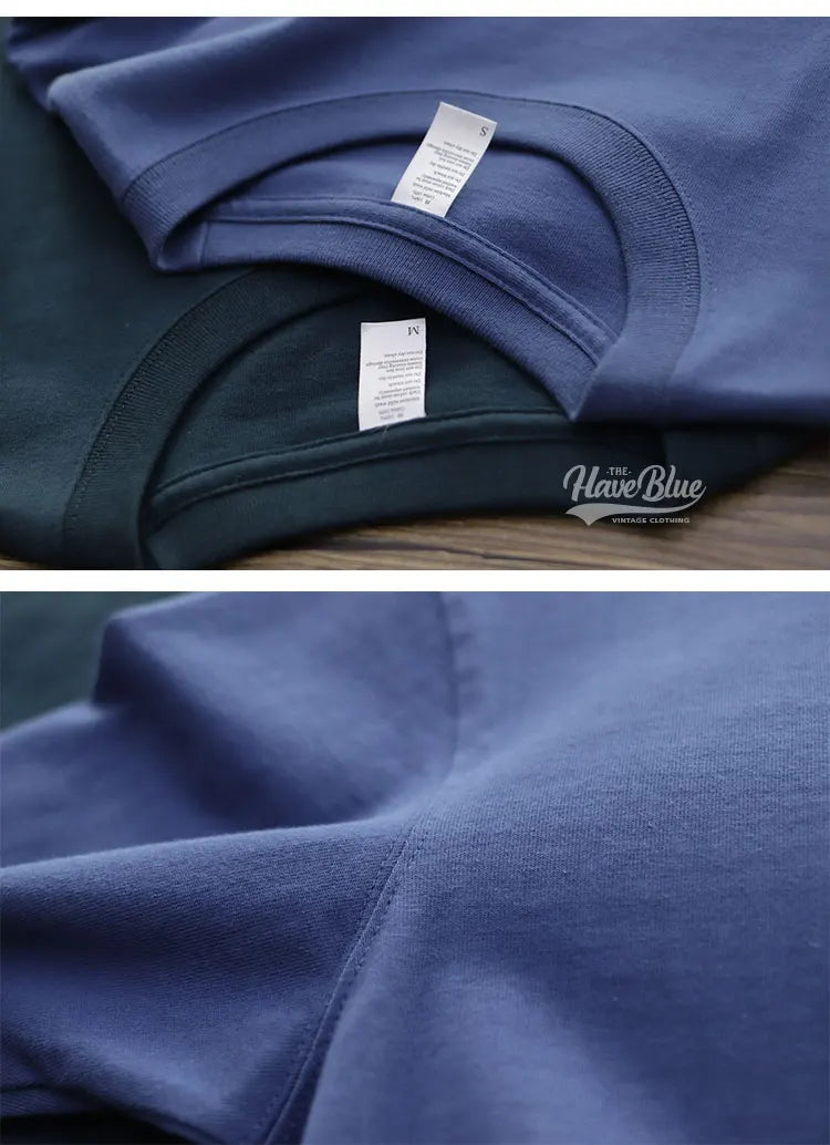 Have Blue Pure Cotton Base Shirt Solid Color T-Shirt American Retro Round Neck Short Sleeve Heavyweight T-Shirt for Men