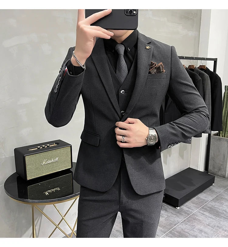 Blazer Vest Pants Men's Navy Blue Suit Set Slim Fit Blazer Vest Pants Formal Outfit for Business Wedding Office Groom Party