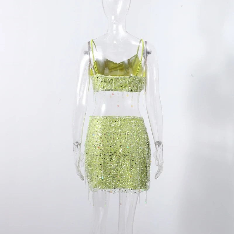 Sexy Tassel Sequins Vest Mini Skirt Women Crop Sling Vests Short Hip Package A-line Skirts 2026 Summer Lady Beach Party Outfits
