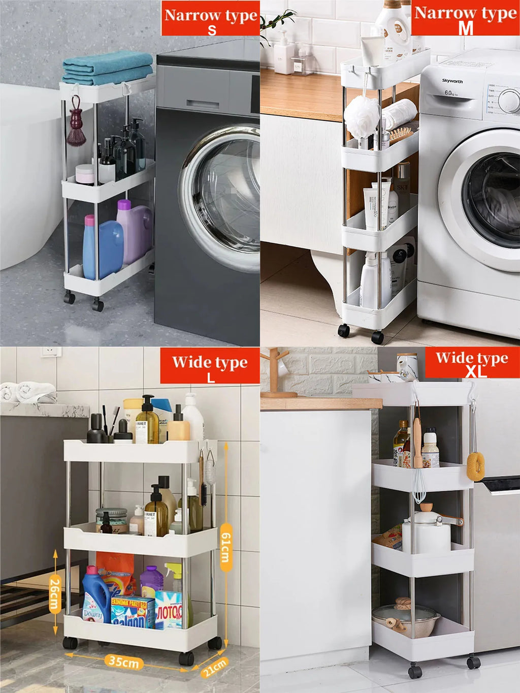 1pcs 3/4 Tier Rolling Utility Cart Storage Shelf Movable Gap Storage Rack Kitchen Bathroom Slim Slide Organizer Shelf Livingroom