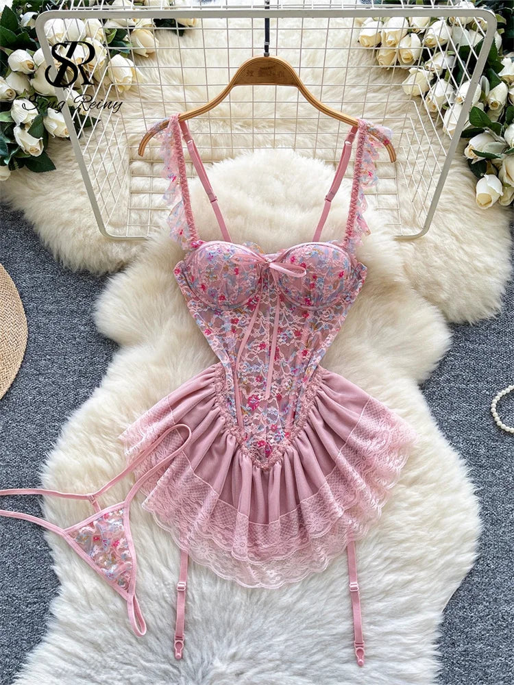 SINGREINY Strap Corset Lingerie Nightdress New Sleeveless Slim Floral Print Mini Nightwear Shapewear Mesh Lace Erotic Mini Dress