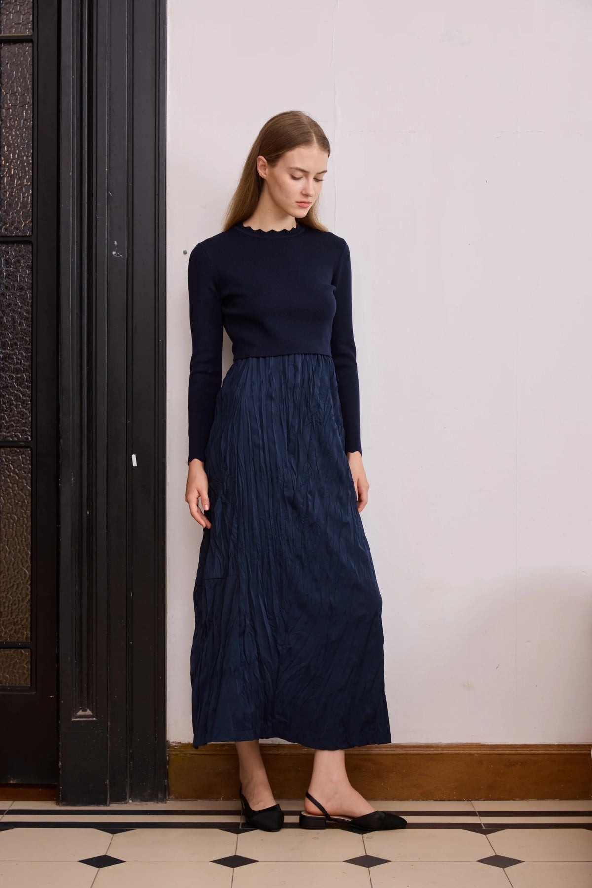 AP 2026 Women Autumn and Winter Crinkle Dress Knitting Patchwork Elegant Lady Maxi Dress