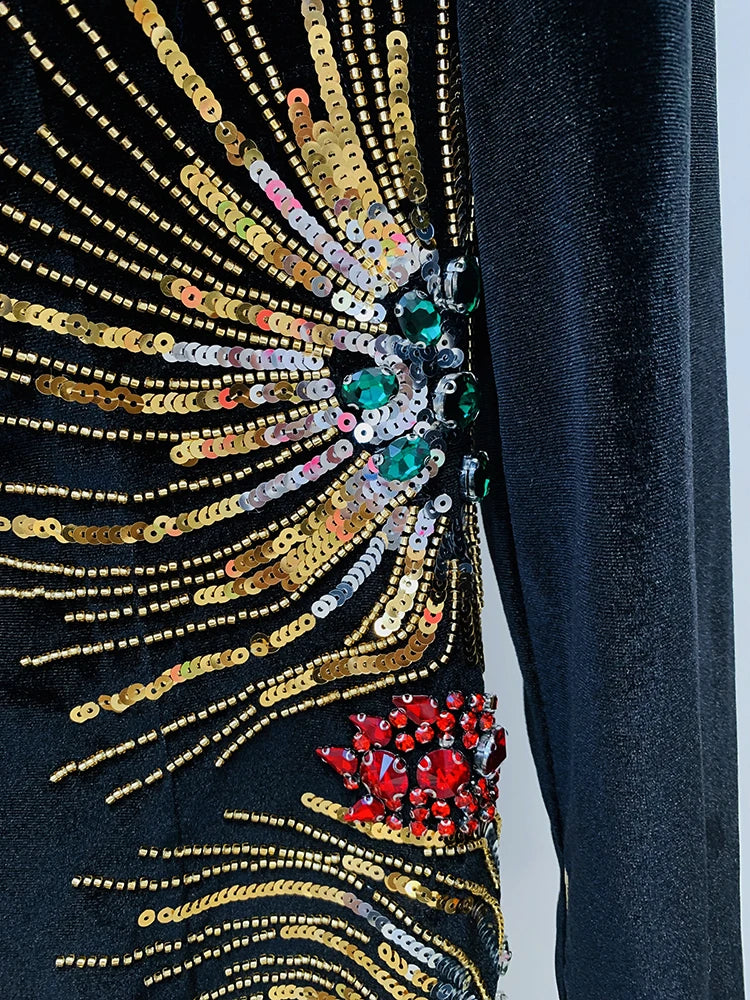 HIGH STREET Newest 2026 Designer Fashion Women's Long Sleeve Stunning Sequined Rhinestone Diamonds Beaded Velvet Dress