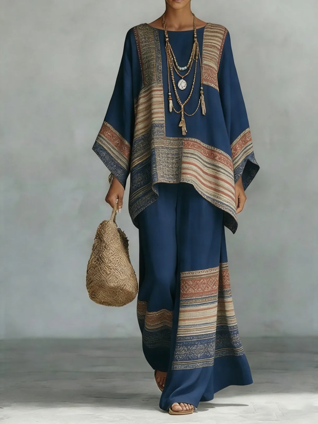Bohemian Foreign Style Printed Women's Two-piece Set Spring Fashion O-neck Loose Top+wide Leg Pants Suit Ladies Office Outfit