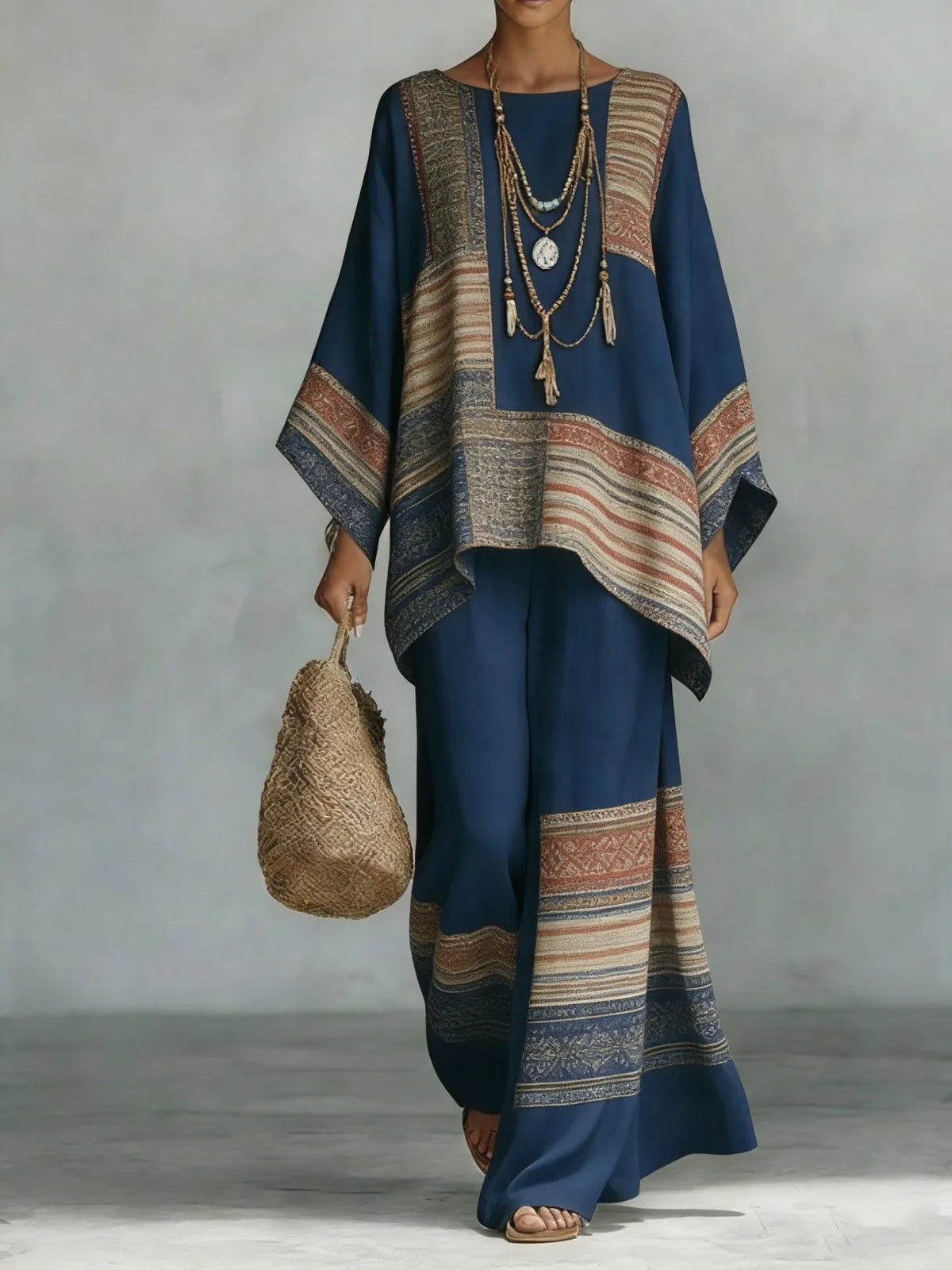 Bohemian Foreign Style Printed Women's Two-piece Set Spring Fashion O-neck Loose Top+wide Leg Pants Suit Ladies Office Outfit