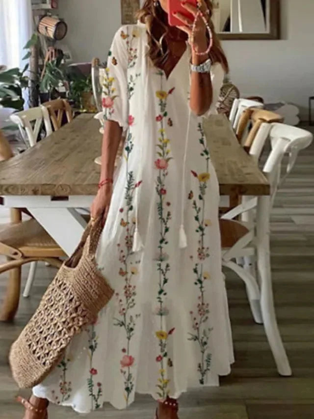 FALL Summer New 2026 Women's Casual Sweet Loose Sexy V-neck Drawstring Fashionable Printed Long Sleeved Boho Bohemian Dresses