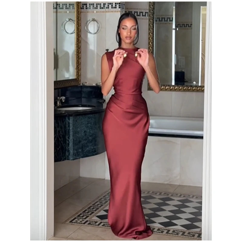 Women Fashion Solid Pleated Halter Dress Waist-cinching Sleeveless Backless Split Maxi Dresses 2026 Sexy Summer Lady Party Gowns