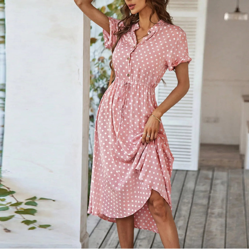 Elegant retro polka dot dress Women's Summer Midi Dress V Neck Single Breasted Short Sleeve Dresses Fashion Print Dress