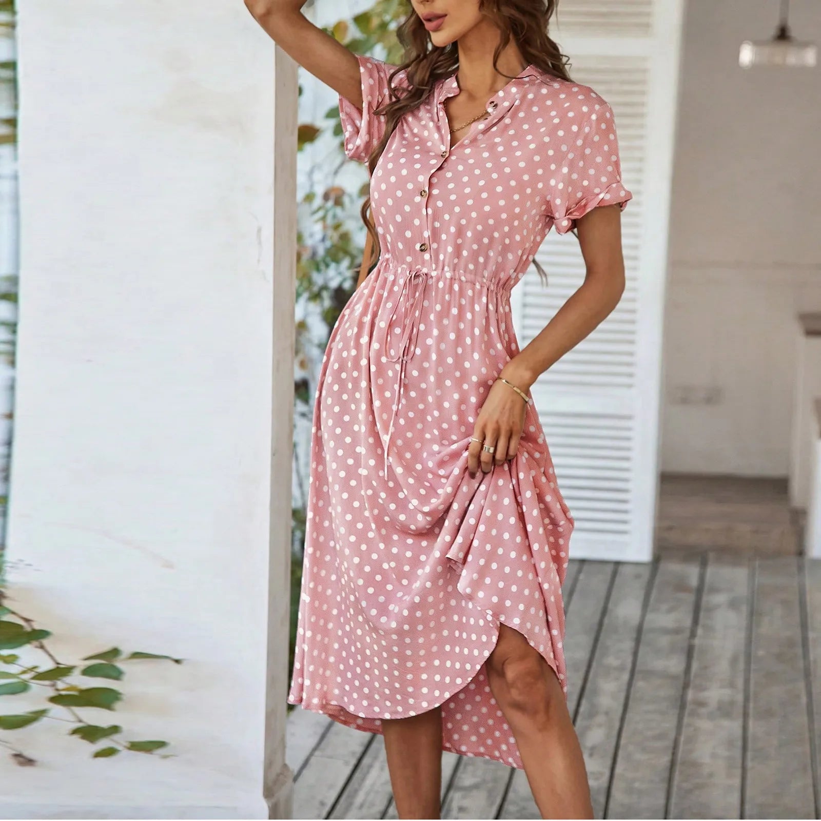 Elegant retro polka dot dress Women's Summer Midi Dress V Neck Single Breasted Short Sleeve Dresses Fashion Print Dress