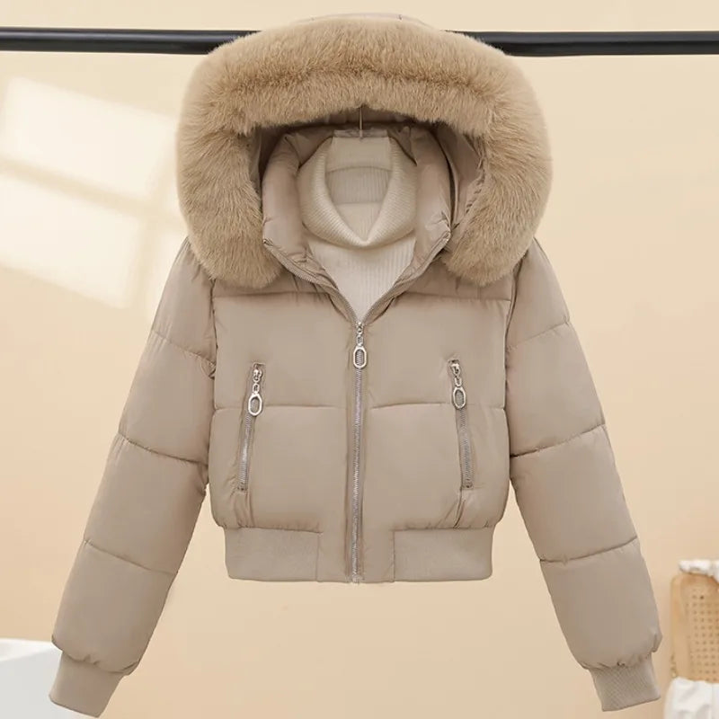2025 Winter New Short Cotton Jackets Long Sleeve Loose Short Women's Parka Coats Hooded Big Fur Collar Down Cotton Padded Coats