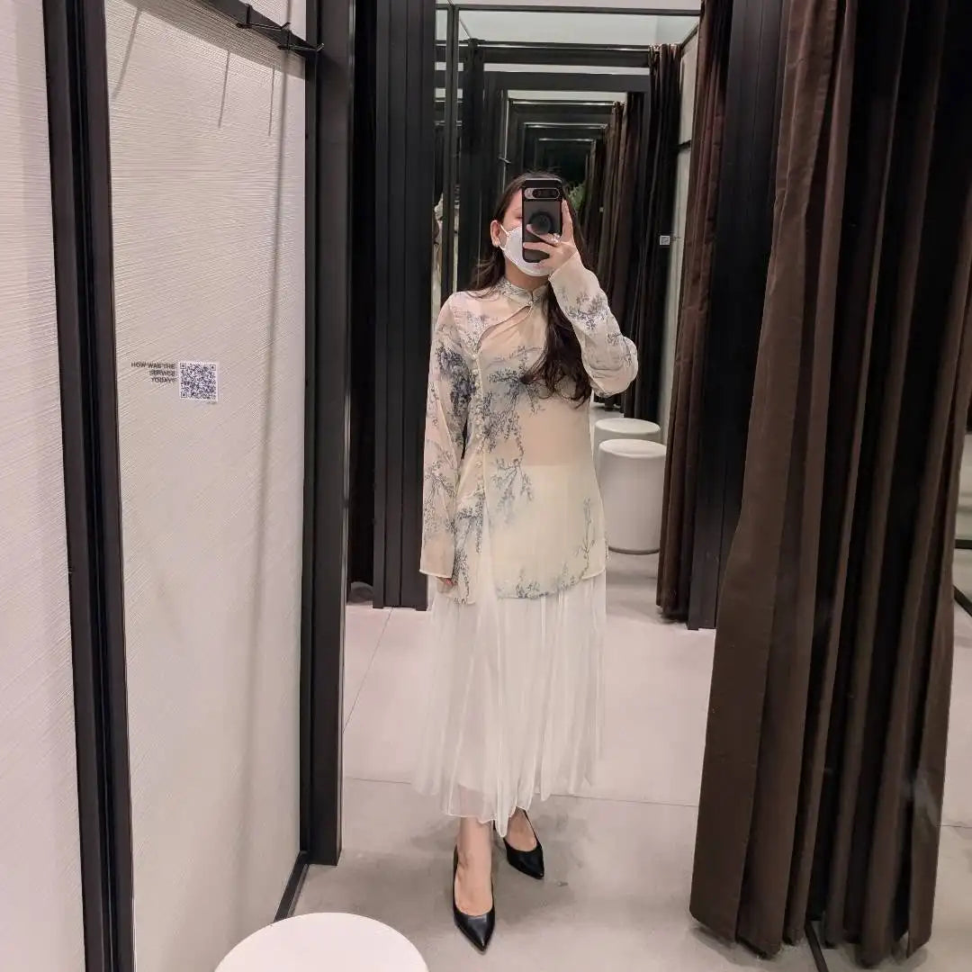 Floral Stamp Lace Patchwork Blouse Ruffle Neck Tie Front Puff Short Sleeve Loose Boho Shirt Women's Casual Vacation Top 2026 New