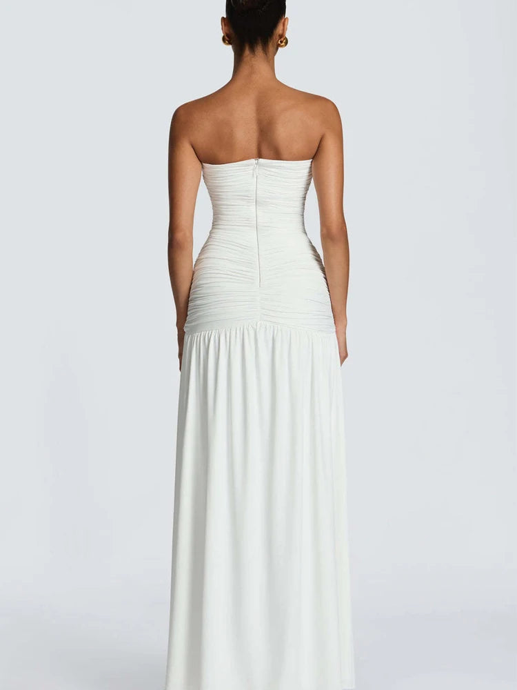 Women Elegant Deep V-neck Pleated Strapless Dress Chic Off-shoulder Backless Split Maxi Dresses 2026 Lady Evening Party Vestidos
