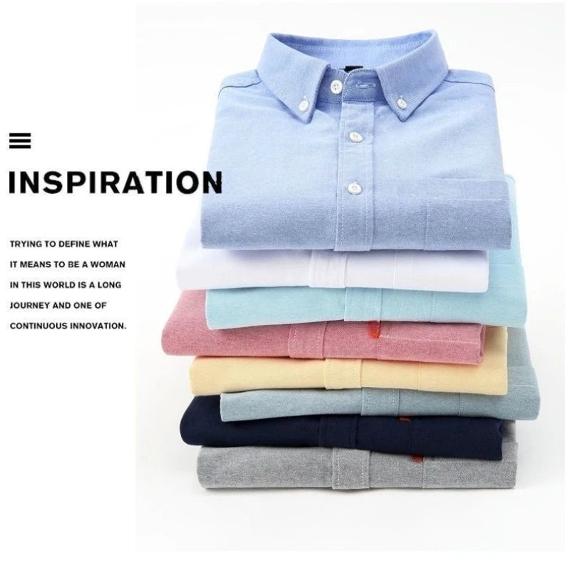 2026 Men's Oxford Long Sleeve Shirts 100% Cotton Solid Color Turn Down Collar Regular Fit Daily Men Clothing Button-down Shirts