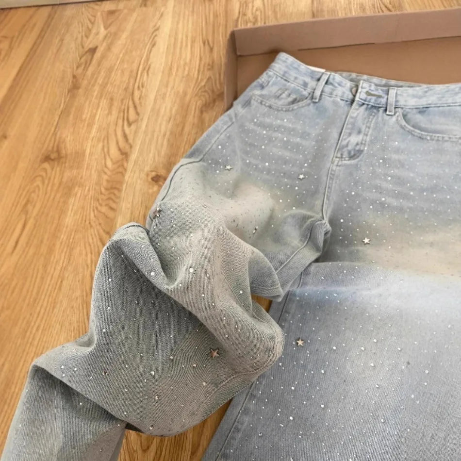 Summer New Fashion Joker Straight Pants Jeans American Light-colored Stars Rhinestone Shiny High Waist Slim Wide-leg Jeans