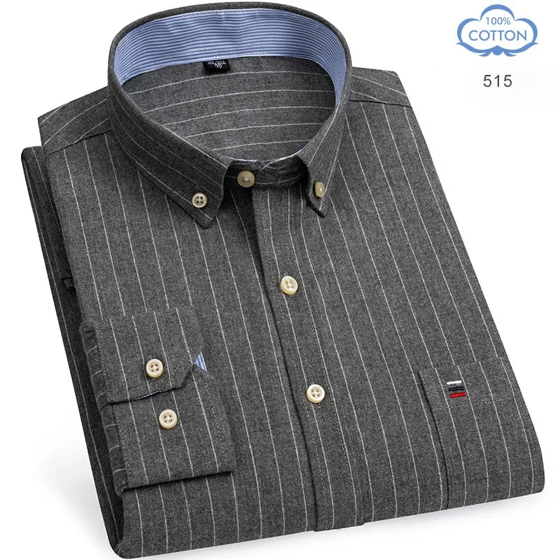 2025 Men's Social Shirt Pure Cotton Oxford Luxury Brand Thin Soft Buttoned Plaid Formal Work Western Clothing