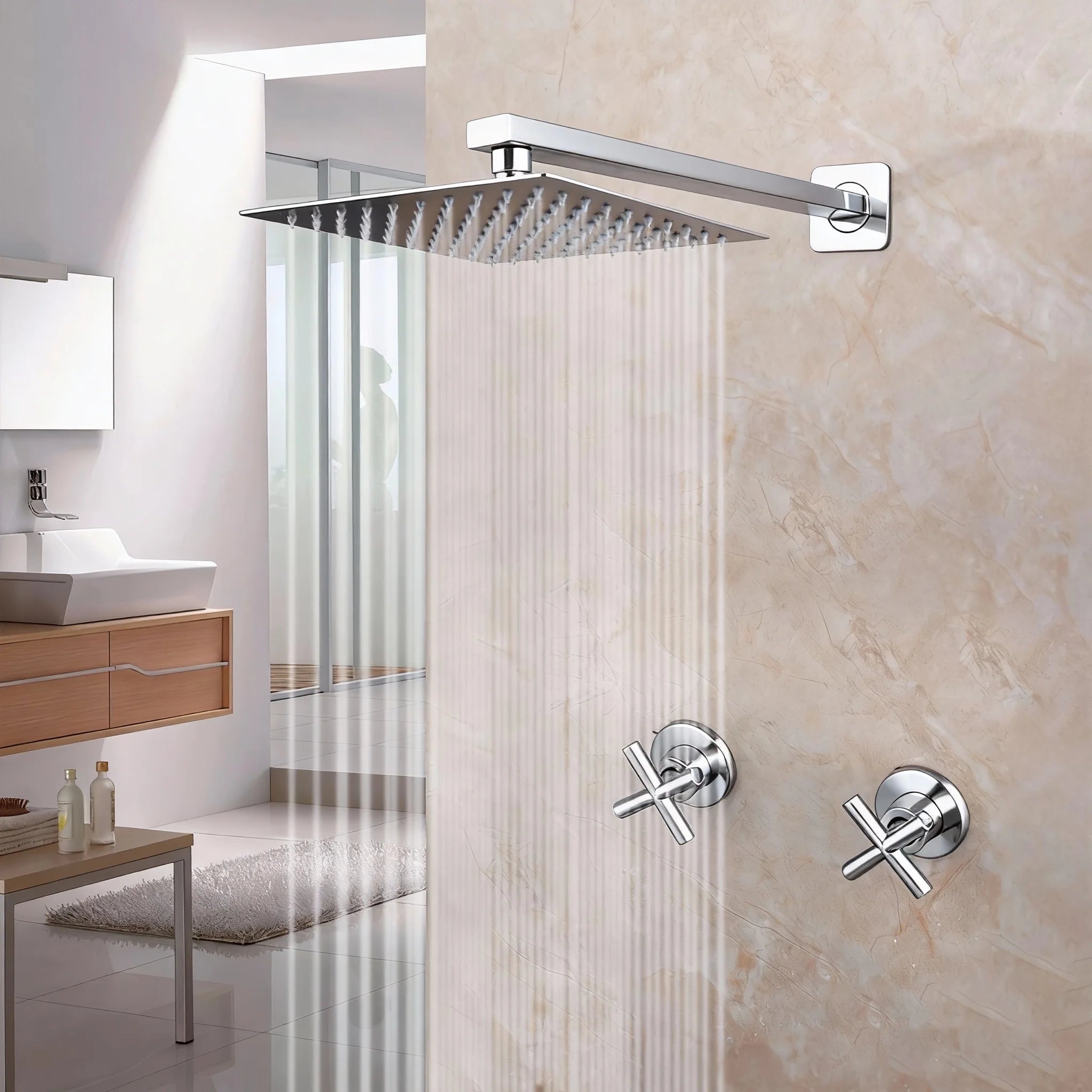 JIENI 8 Inch Brushed Gold Rainfall Shower Faucet Sets Wall Mounted Bathroom Round & Square Head 2 Handles Control Mixer Shower