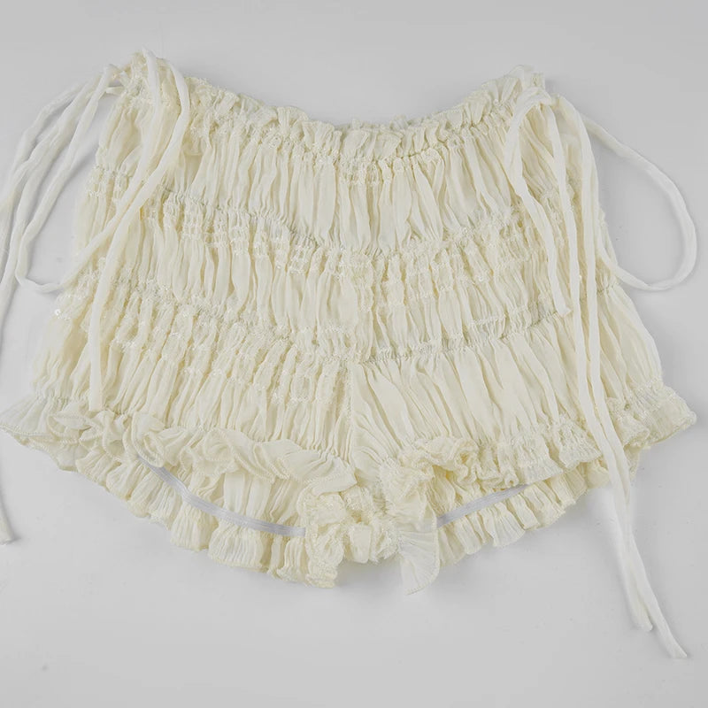 SUCHCUTE Beige Folds Textured Chiffon Shorts Women Summer Elastic Waist Bottoms All Match Casual Shorts Grunge Fairycore 2026