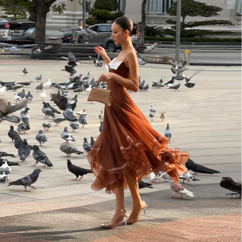 Elegant Pleated Women's Dress Sleeveless Backless Patchwork Waist-Closed Ruffle Hem Sling Maxi Dresses 2026 Summer Female Robe