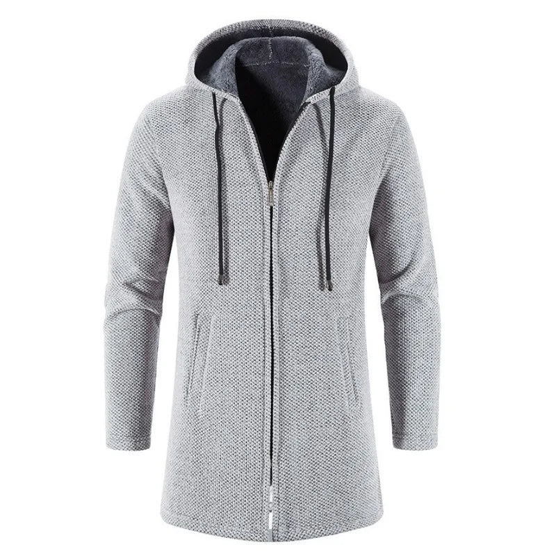 KIDWHXR Man Autumn Winter Cardigan Jacket Fleece Warm Hooded Sweater Coat Male Mid Length Long Sleeve Male Casual Outerwear