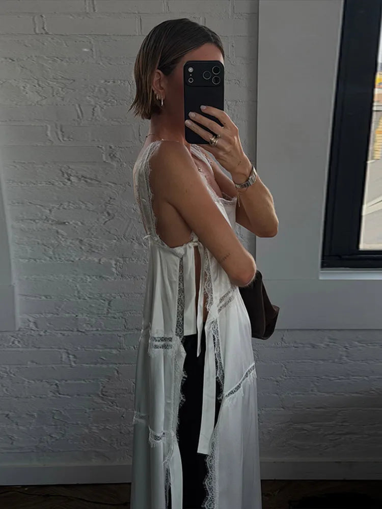 Fashion Solid Lace Patchwork Women's Dress Sleeveless High Side Split Lace Up Hollow Out Sling Dresses 2026 Summer Female Robe