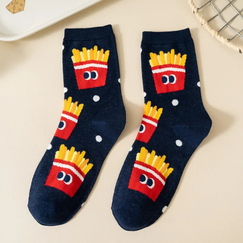 1/5 Pairs Burger Fries Fried Egg Donut Cute Cartoon Anime Breathable Fashion Mid-Calf Socks Unisex