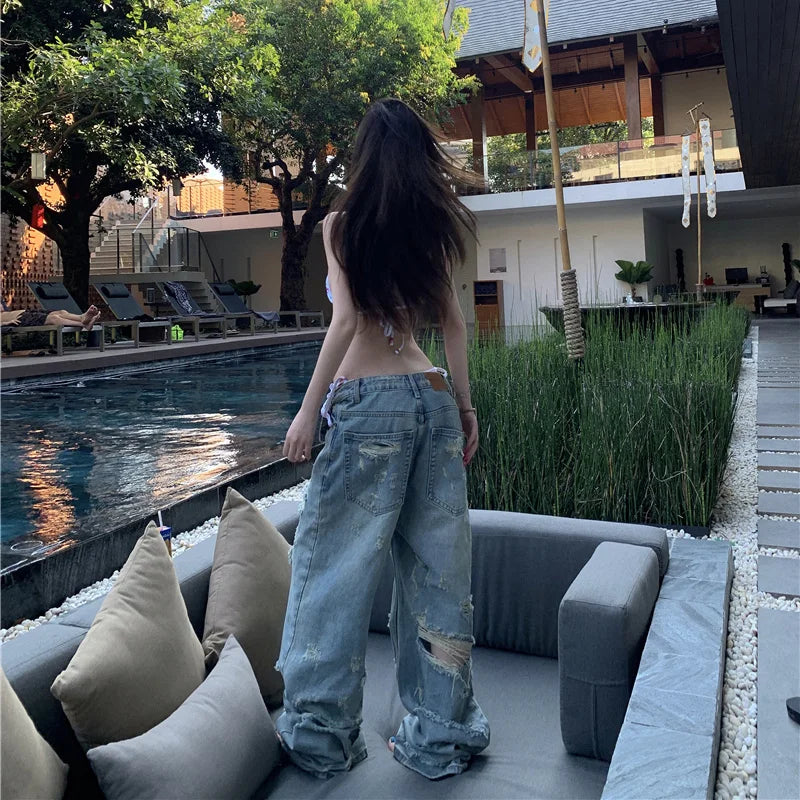 Benuynffy Bf Style Ripped Heavy Industry Straight Jeans Women's Do old High Waisted Y2K Streetwear Loose Wide Leg Trousers