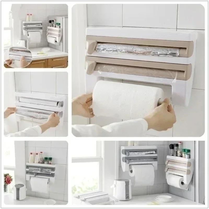 Kitchen Cling Film Tissue Holder Sliding Knife Cutter Aluminum Foil Barbecue Paper Cutting Box Household Towel Storage Racks