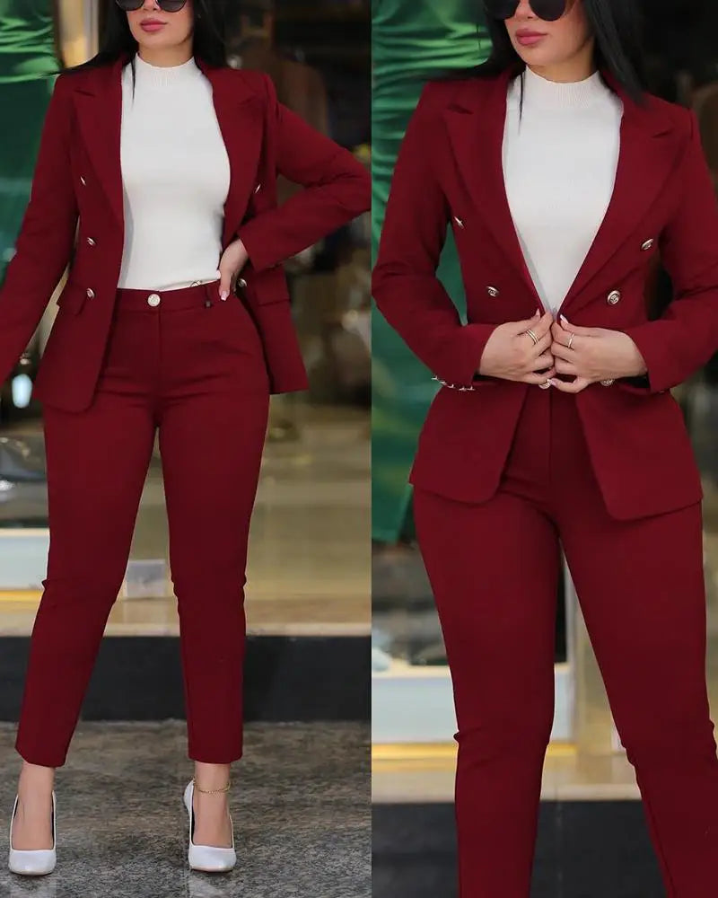 2Pcs Women's Solid Color Suit + Trousers Two-Piece Set Slim Fit Business Fashion Double Breasted Formal Female Clothes Outfit