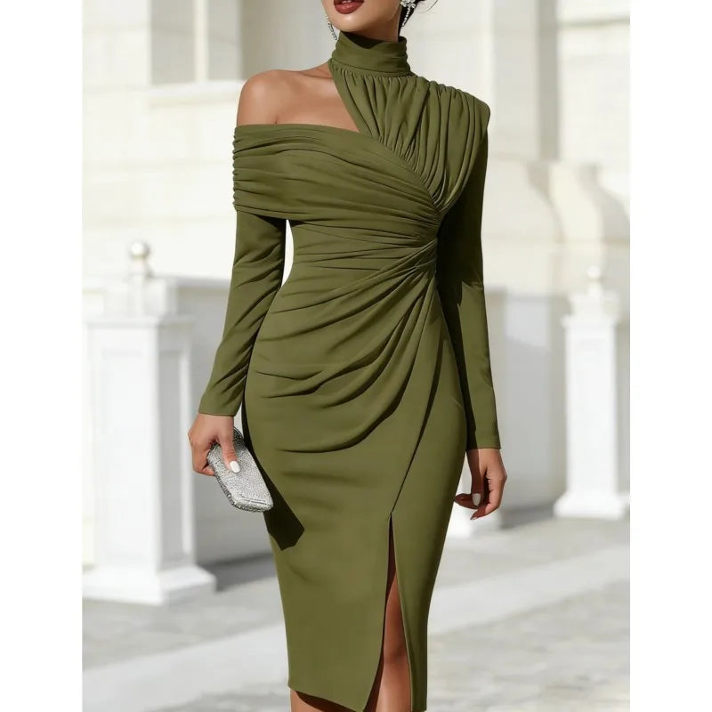 Women's Elegant Off Shoulder High Neck Midi Dress Long Sleeve Ruched Bodycon Package Hip Dress With Slit Formal Party Dress New